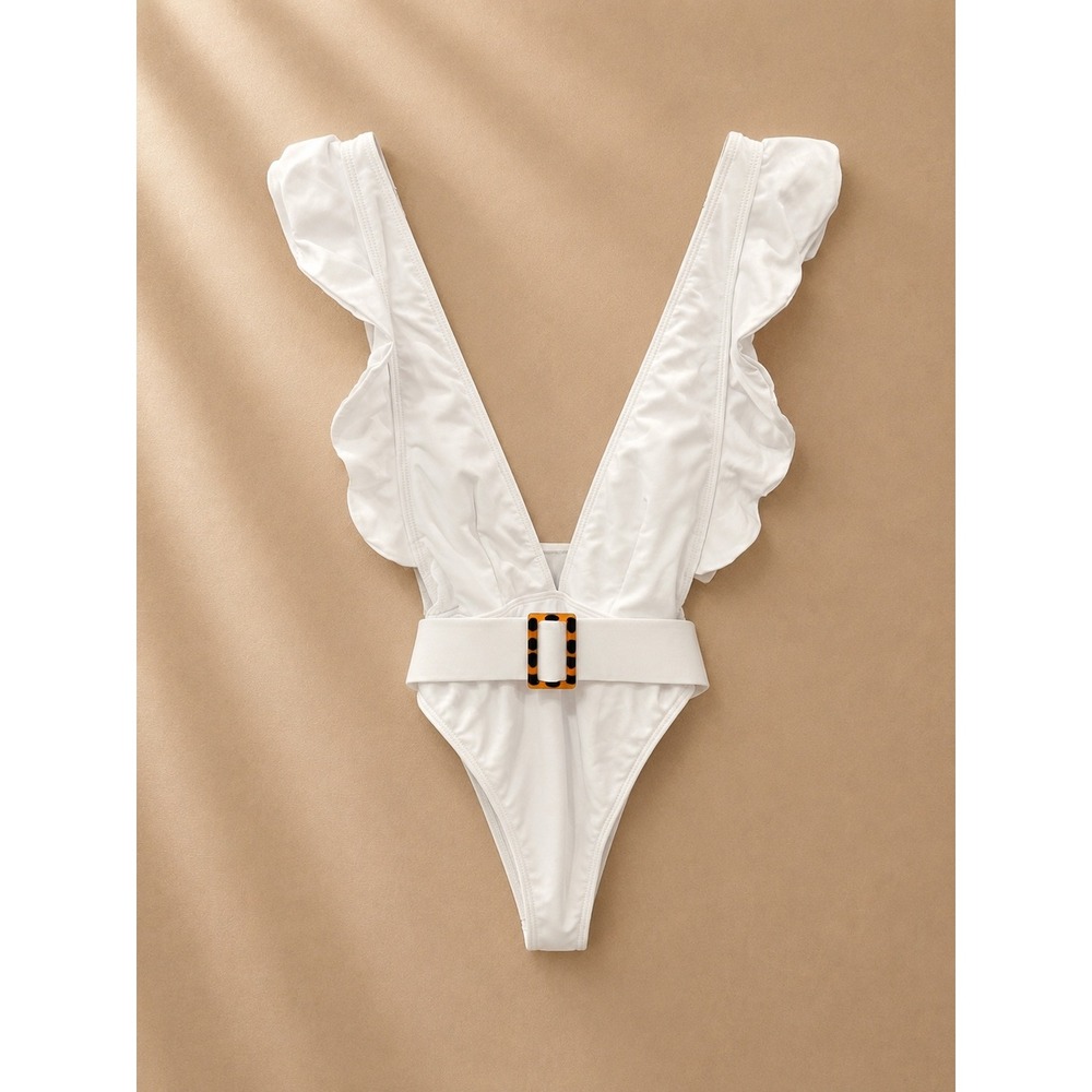 Unbranded Women Swimsuit Small White Ruffle Deep V-Neck Belted One Piece
